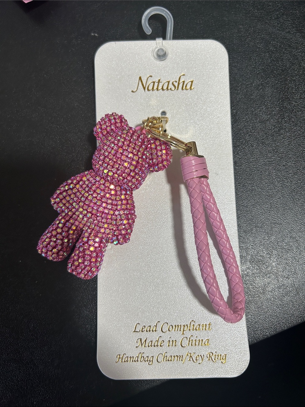 Natasha Couture Pink Crystal Teddy Bear Keychain with Gold Hardware